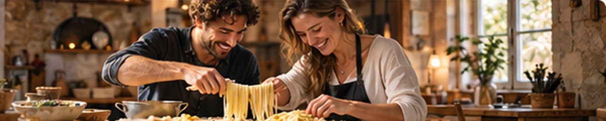 Una coppia impara a fare la pasta fresca in una cucina rustica