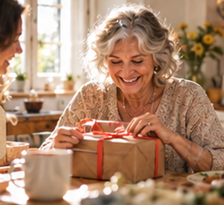 Una donna sorridente scarta un regalo in carta kraft al tavolo della cucina